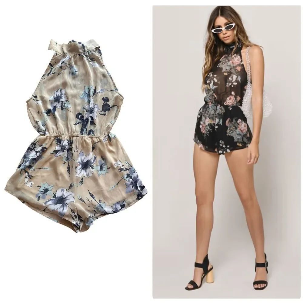 TOBI Floral Halter Sheer Romper – Beige/Blue Print (Size S/P)